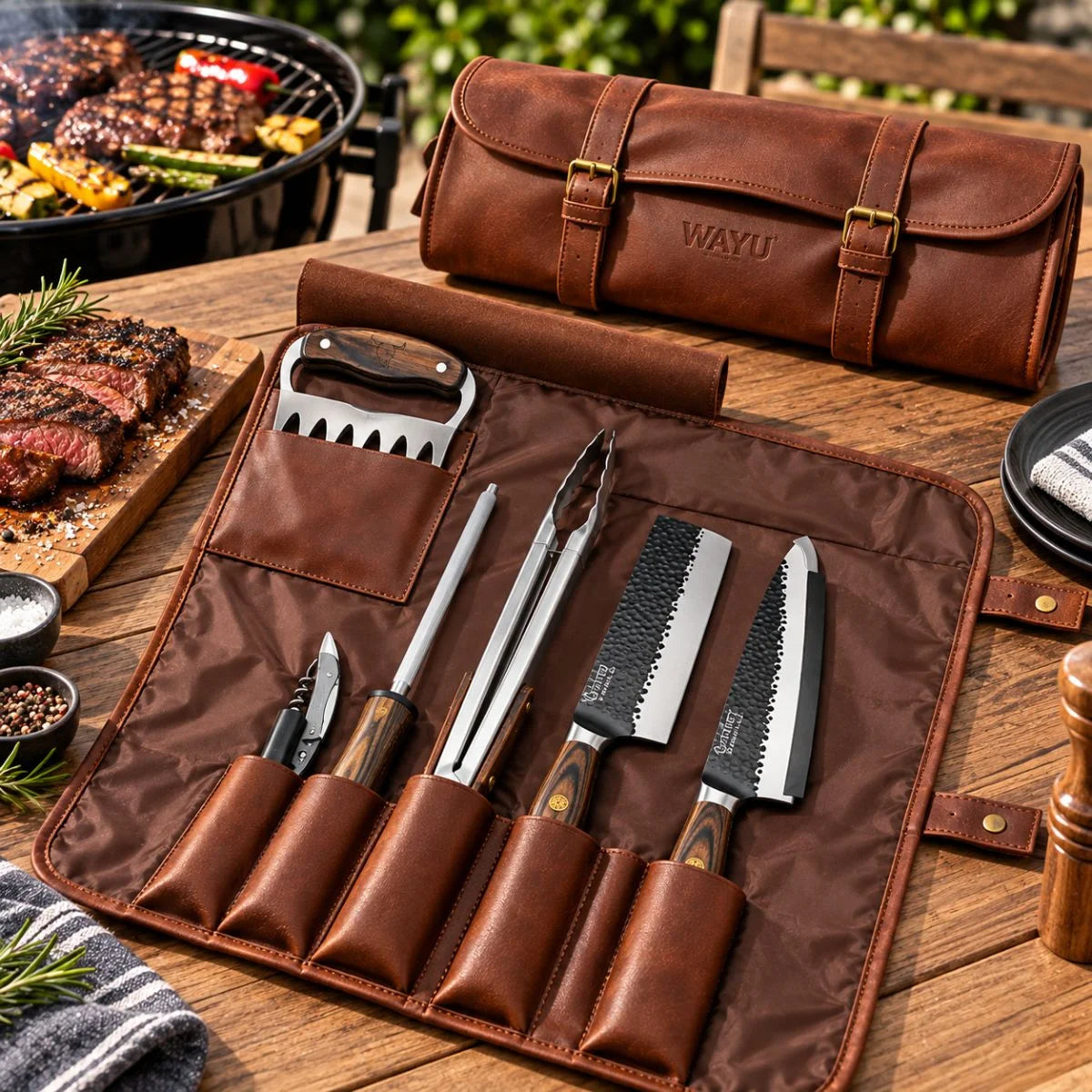 Set parrillero Wayu con herramientas de acero y estuche PU