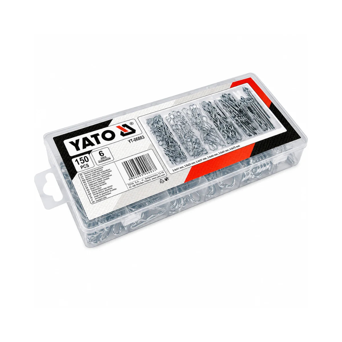 Juego de Pasadores de Resorte 150 Unidades Yato YT-06883 en estuche organizador para mantenimiento mecánico