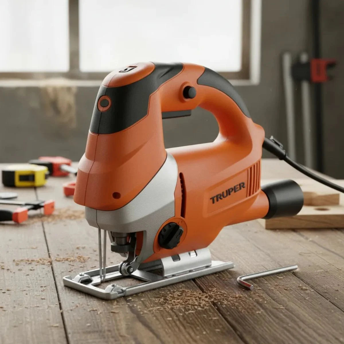 Sierra caladora profesional marca Truper de 750W, motor con baleros de bolas, capacidad de corte 100mm en madera y sistema de cambio rápido.