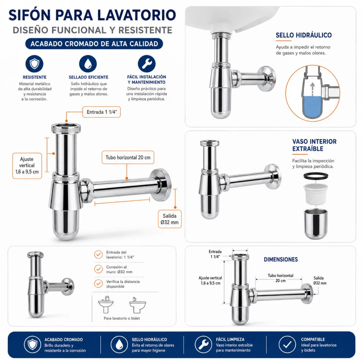 Sifón metálico Taumm tipo botella de 1 1/4” con tubo de 20 cm