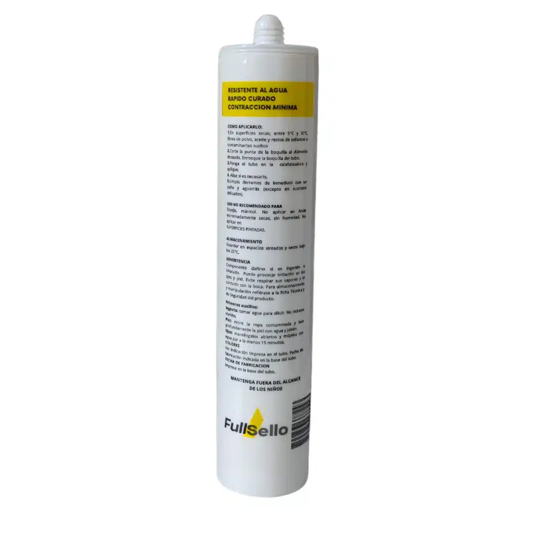 silicona acética Fullsello en colores blanco y transparente para baño y cocina.