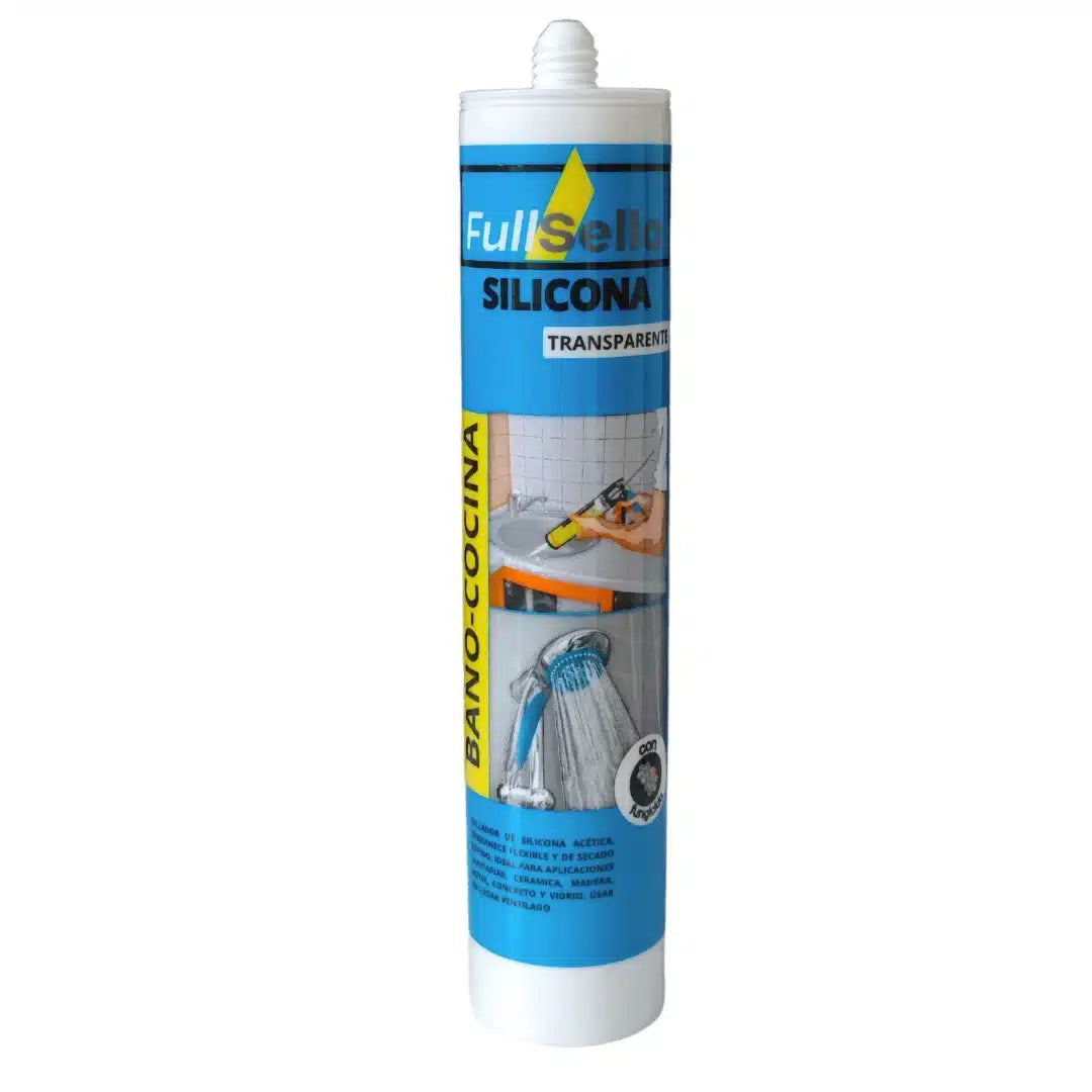 silicona acética Fullsello en colores blanco y transparente para baño y cocina.