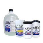 kit limpieza para piscina Dideval: Alguicida, Cloro en tableta multifuncion, sube ph y decantador, para el mantenimiento de piscinas.