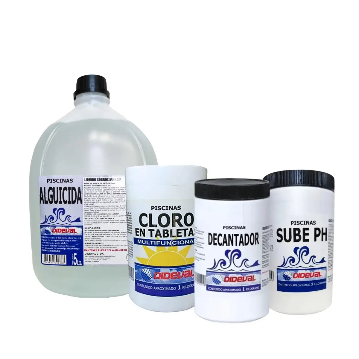 kit limpieza para piscina Dideval: Alguicida, Cloro en tableta multifuncion, sube ph y decantador, para el mantenimiento de piscinas.