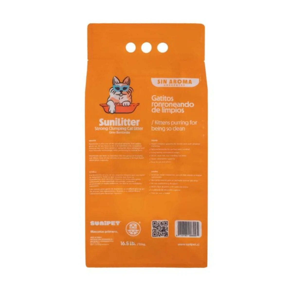 Bolsa de 7,5 kg de Arena Sanitaria Sunipet sin aroma, de bentonita con carbón activado.