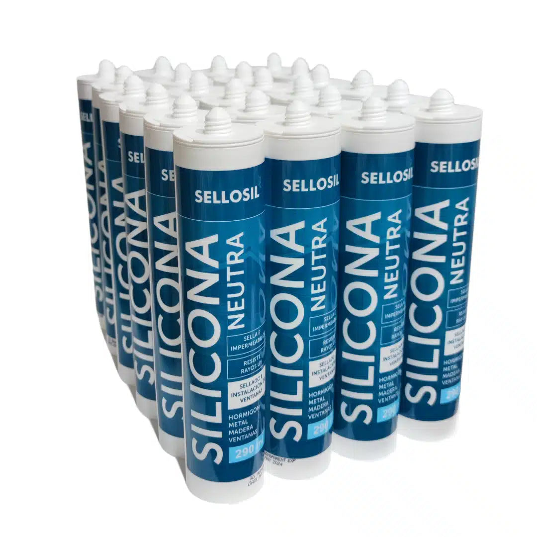 Caja de 24 cartuchos de silicona neutra Sellosil de 290ml, ideal para sellado en metales, PVC y materiales sensibles