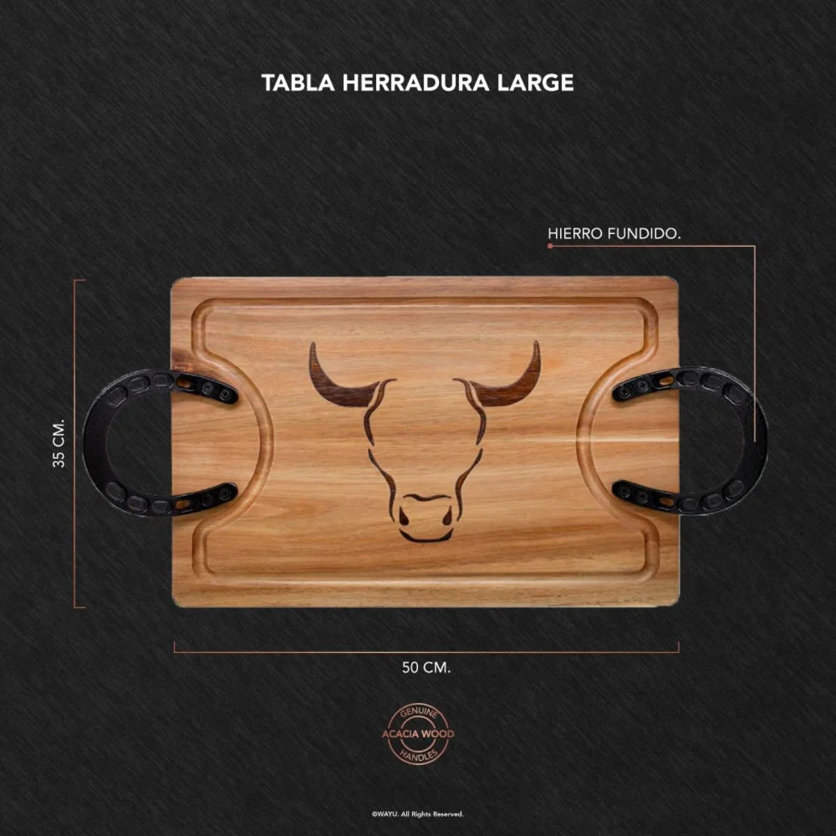 Tabla Herradura Wayu de madera de acacia con mangos de hierro fundido