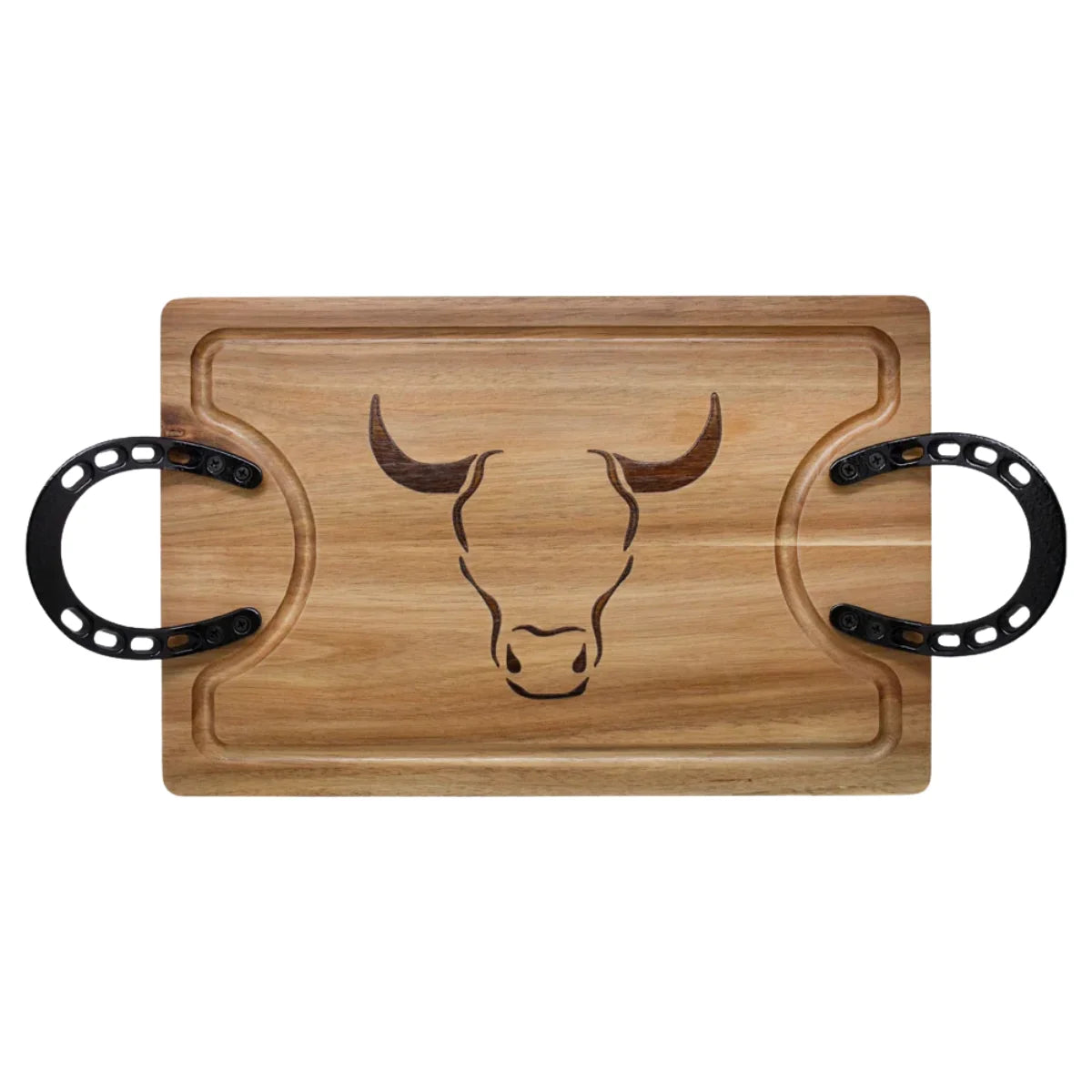 Tabla Herradura Wayu de madera de acacia con mangos de hierro fundido