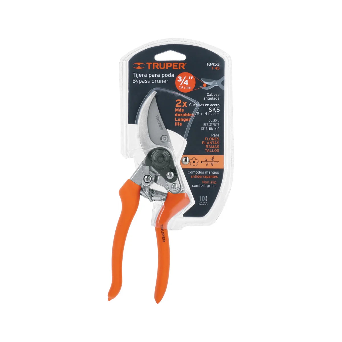 Tijera de podar profesional marca Truper de 8 1/2 pulgadas con cuchillas de acero SK5 y cabeza angulada ergonómica.
