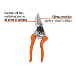 Tijera de podar profesional marca Truper de 8 1/2 pulgadas con cuchillas de acero SK5 y cabeza angulada ergonómica.