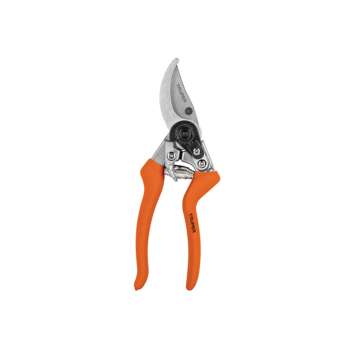 Tijera de podar profesional marca Truper de 8 1/2 pulgadas con cuchillas de acero SK5 y cabeza angulada ergonómica.