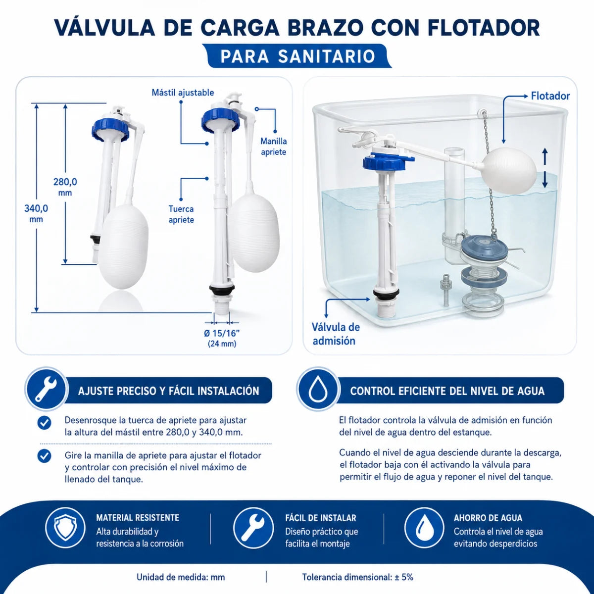 Válvula de carga Mirage de TAUMM 15/16” HE con flotador para WC