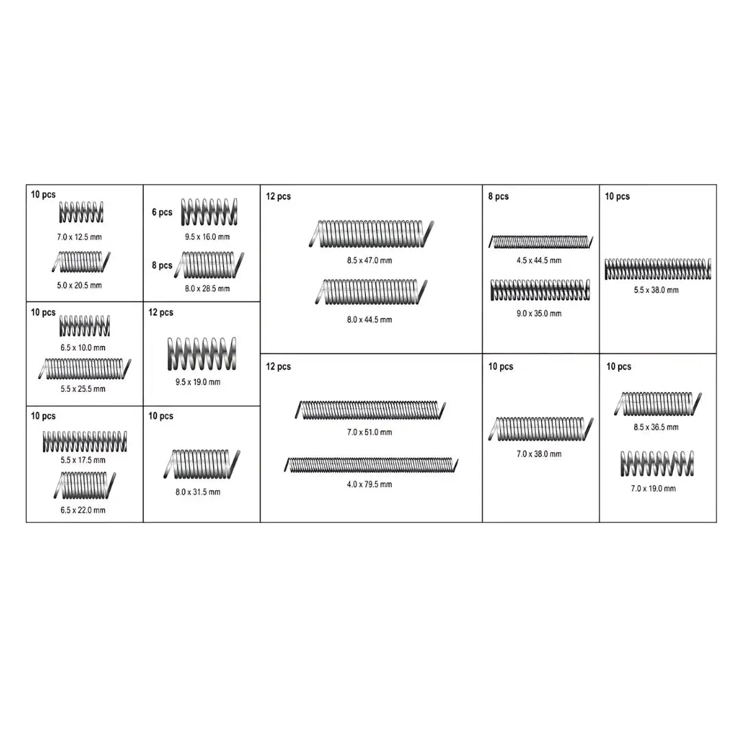 Caja con 200 resortes variados Yato YT-06875 de hierro galvanizado.