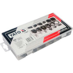 Kit de 300 anillos de retención Surtidos Yato YT-06881 en caja organizadora, ideal para trabajos de mecánica automotriz y montaje de ejes.