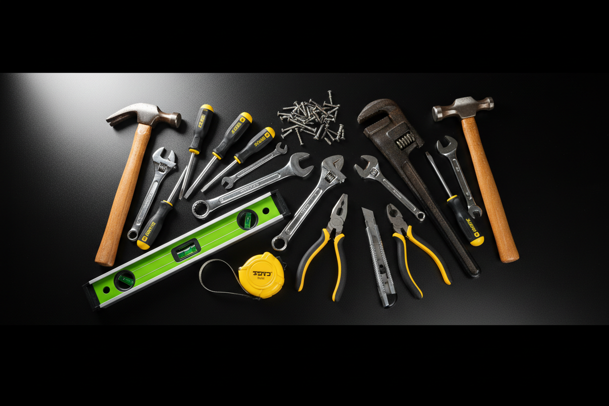 A background of different common construction tools on a black table looked from a top view, perfect for a backgrund banner