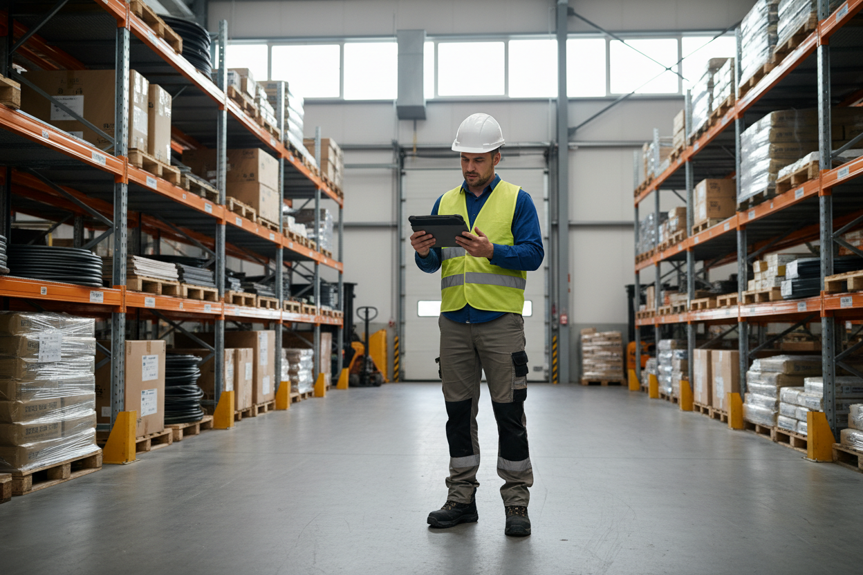 A construction worker verifying stock with a tablet in a warehouse 