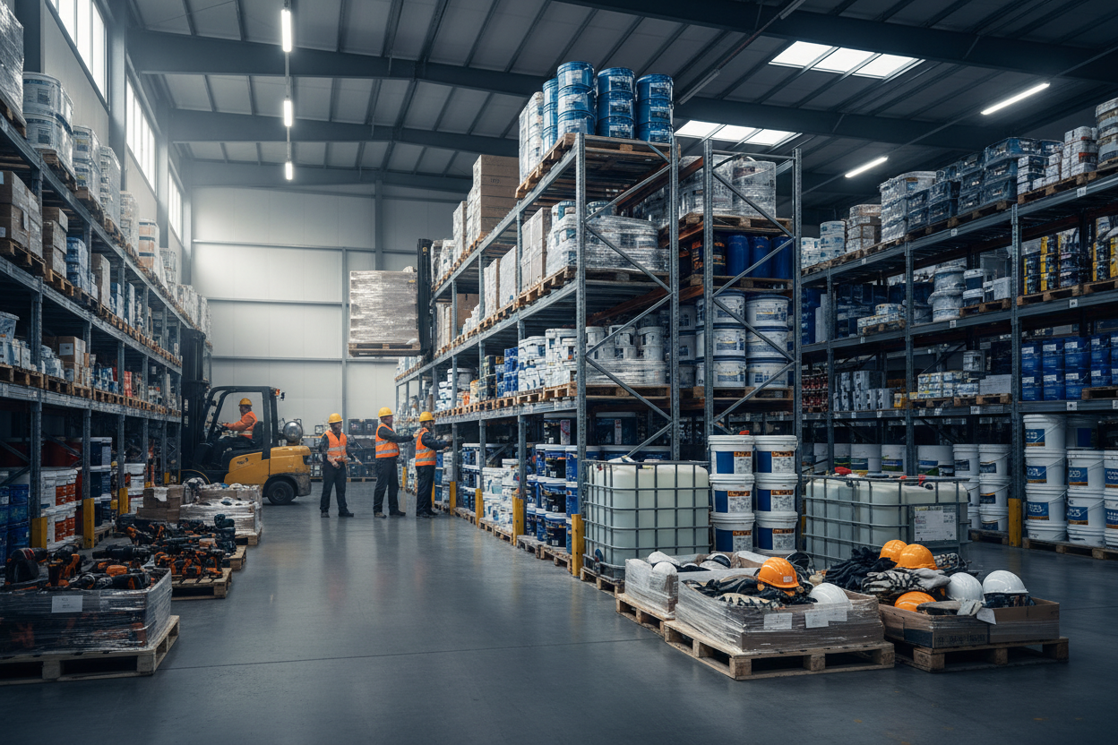 A professional industrial warehouse scene with construction and hardware products, pallets of tools, paints, chemicals and supplies neatly organized, forklifts and workers in safety gear, modern logistics environment, neutral industrial color palette, cinematic lighting, shallow depth of field, realistic photography style, high detail, no text, no logos, wide angle, hero banner composition, ecommerce background