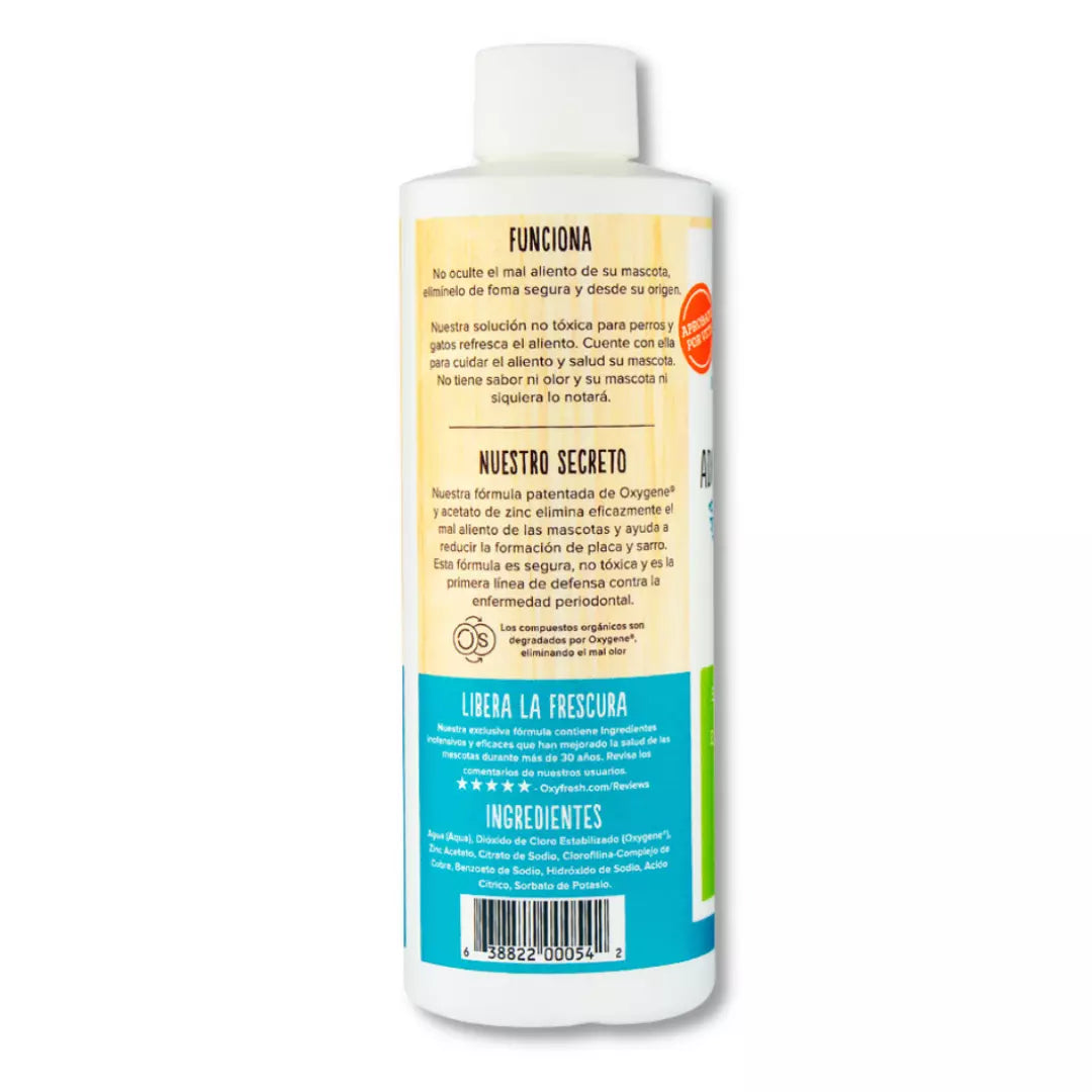 Aditivo Oxyfresh 237 ml para limpieza dental de perros.