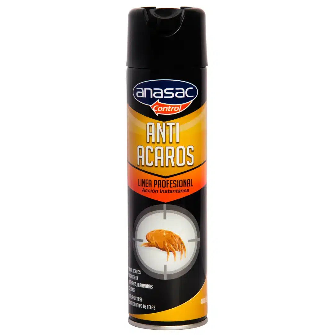 Insecticida anti ácaros Anasac en aerosol de 400 cc, producto para la eliminación de ácaros del polvo en ambientes interiores y tapicerías.
