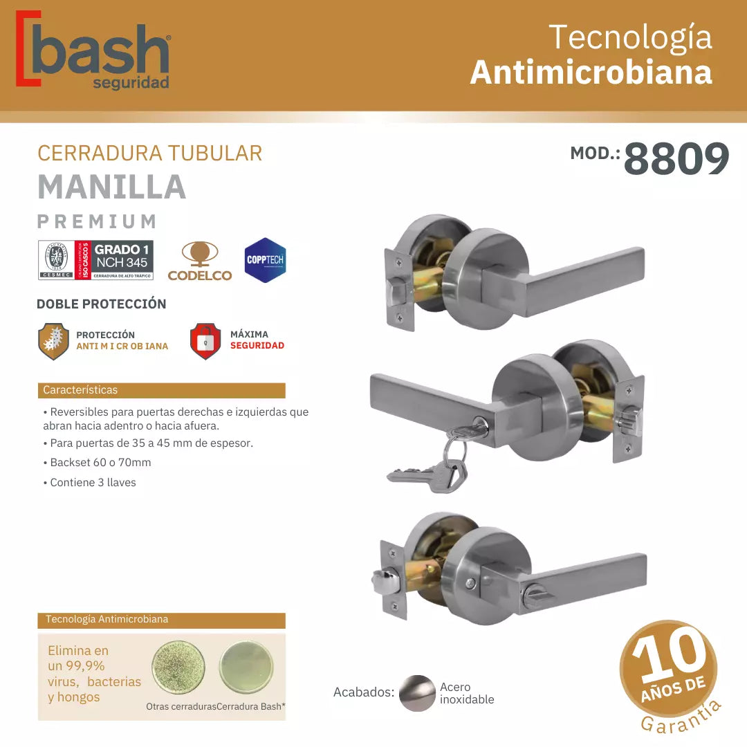 Cerradura de manilla cuadrada Bash 8809, ideal para puertas de dormitorio u oficina, con mecanismo de seguridad y acabado metálico