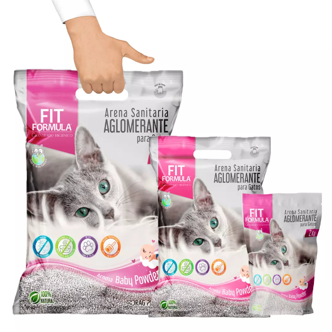 arena para gato Fit Formula, con aroma a talco de bebé para control de olores