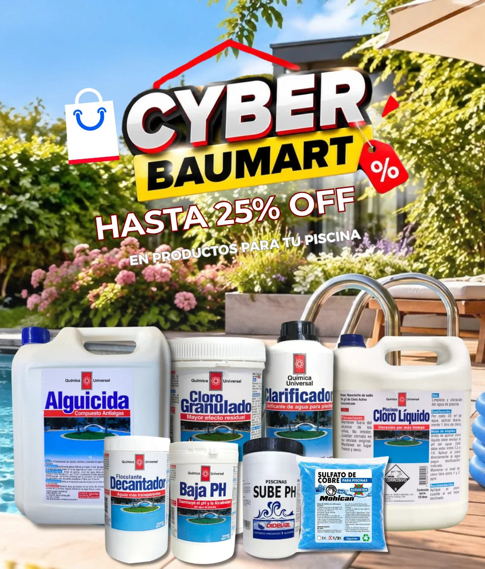 Productos para piscinas, para mantenimiento de piscinas. Cloros granulados, cloros en tabletas, alguicidas y clarificador disponibles en Baumart Chile