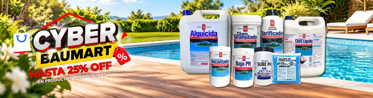 Productos para piscinas, para mantenimiento de piscinas. Cloros granulados, cloros en tabletas, alguicidas y clarificador disponibles en Baumart Chile
