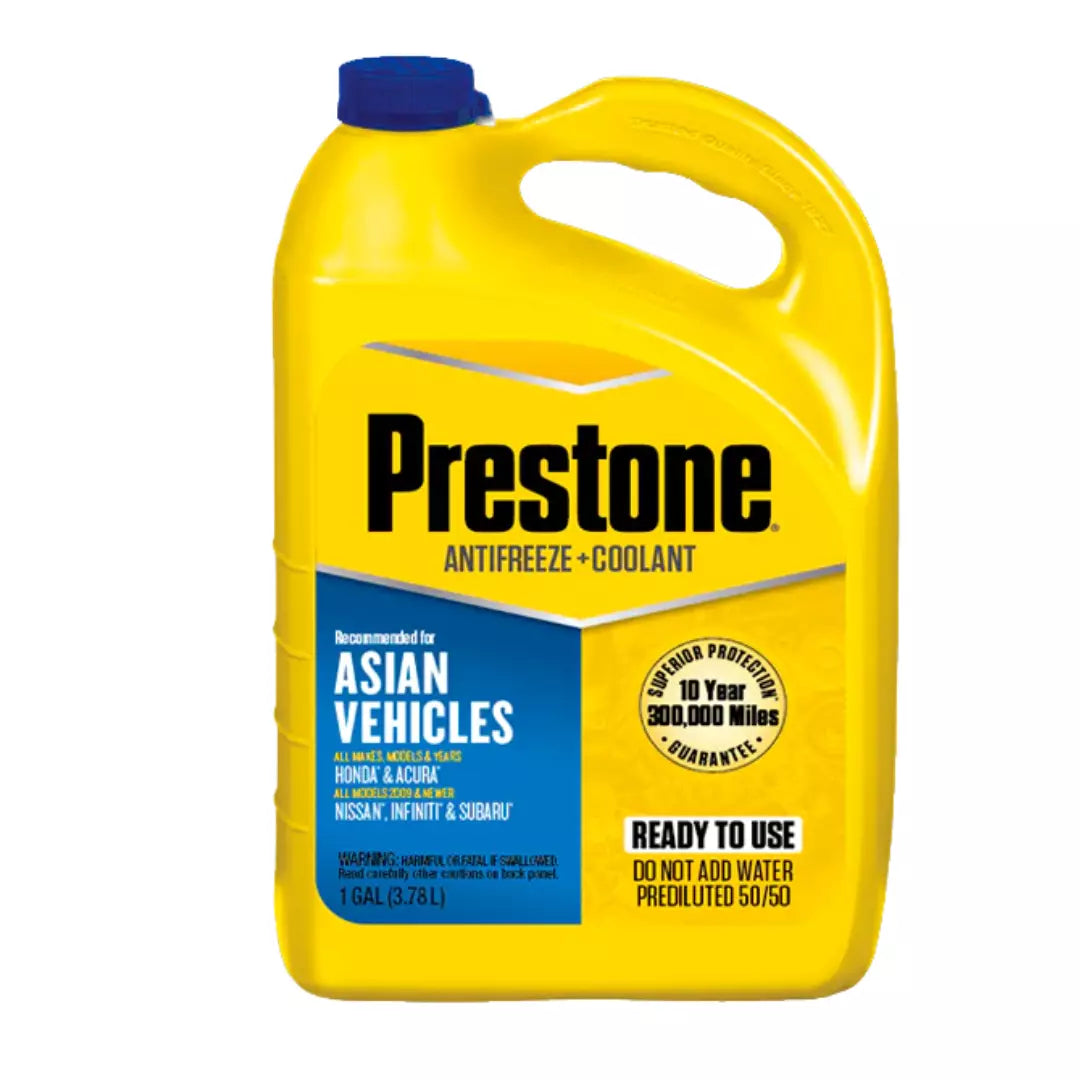 Anticongelante y refrigerante Prestone 50/50 de 1 galón, líquido azul universal/Asian para protección extendida del motor y sistema de enfriamiento del vehículo.