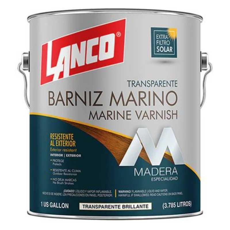 Barniz marino transparente Lanco Painters, recubrimiento de alto brillo y resistencia UV para proteger superficies de madera en exteriores y ambientes húmedos o salinos.