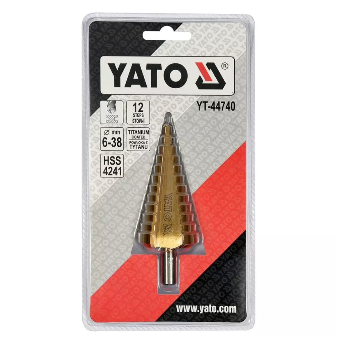 Broca cónica escalonada Yato YT-4470 de 6 a 38 mm, ideal para perforar y ampliar diámetros en láminas de metal