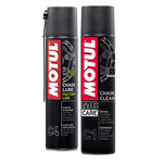 Kit de mantenimiento Motul C1 desengrasante y C4 lubricante para cadenas de motos, limpieza profunda y engrase de alto rendimiento.