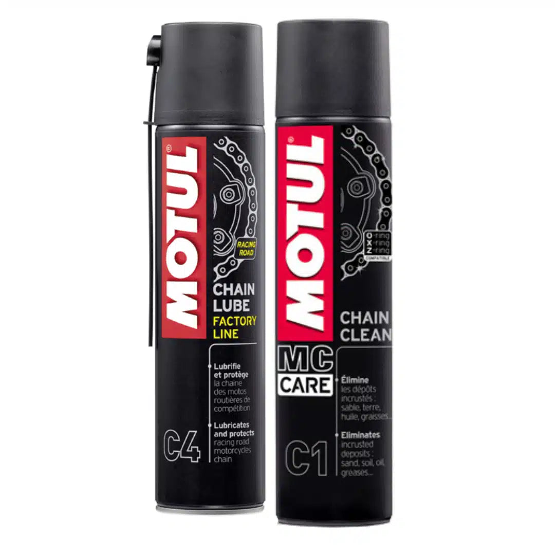 Kit de mantenimiento Motul C1 desengrasante y C4 lubricante para cadenas de motos, limpieza profunda y engrase de alto rendimiento.