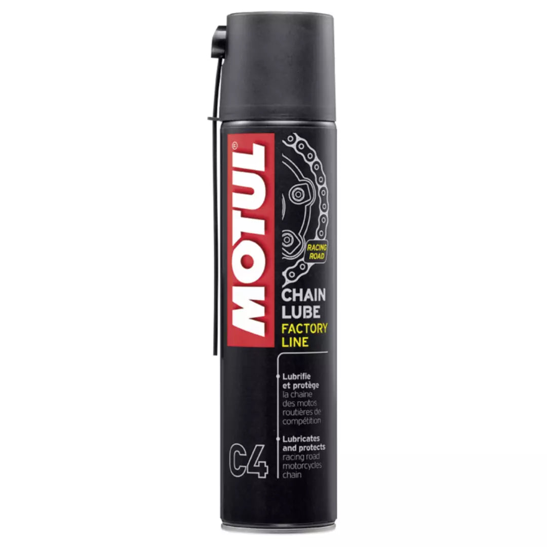 Lubricante Motul C3 Off Road 400 ml en aerosol para cadenas de moto, fórmula de alta adherencia y resistencia al agua/polvo, ideal para motocicletas todoterreno.