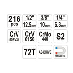 Juego de dados y llaves combinadas Yato de 216 piezas, set profesional de herramientas de cromo vanadio para mecánica, automotriz e industria.