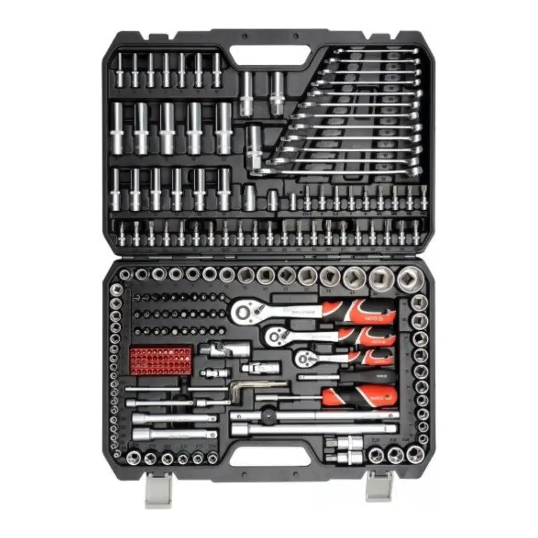 Juego de dados y llaves combinadas Yato de 216 piezas, set profesional de herramientas de cromo vanadio para mecánica, automotriz e industria.