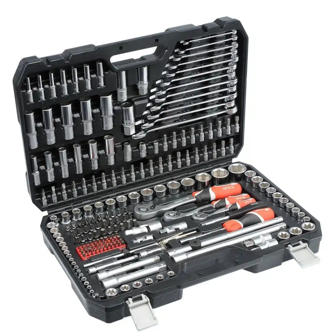 Juego de dados y llaves combinadas Yato de 216 piezas, set profesional de herramientas de cromo vanadio para mecánica, automotriz e industria.