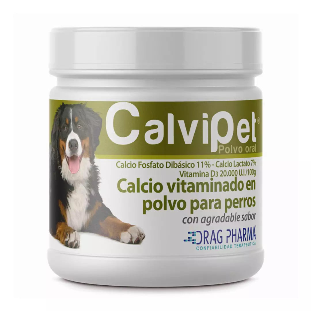 Calvipet, suplemento en polvo de calcio y vitaminas para fortalecer la salud ósea y dental en perros, 100 gramos