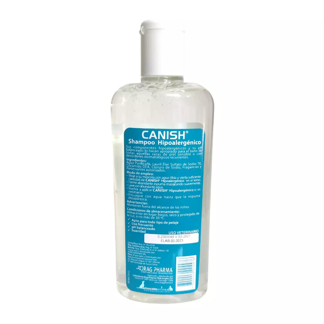Shampoo Canish Hipoalergénico de 390 ml, formulado para la limpieza segura de perros con pieles sensibles
