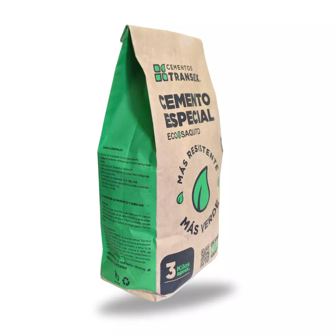 Eco Saquito (bolsa ecológica) de 3 kg de Cemento Especial Transex, producto de fraguado rápido para reparaciones y sellado de emergencia en construcción.