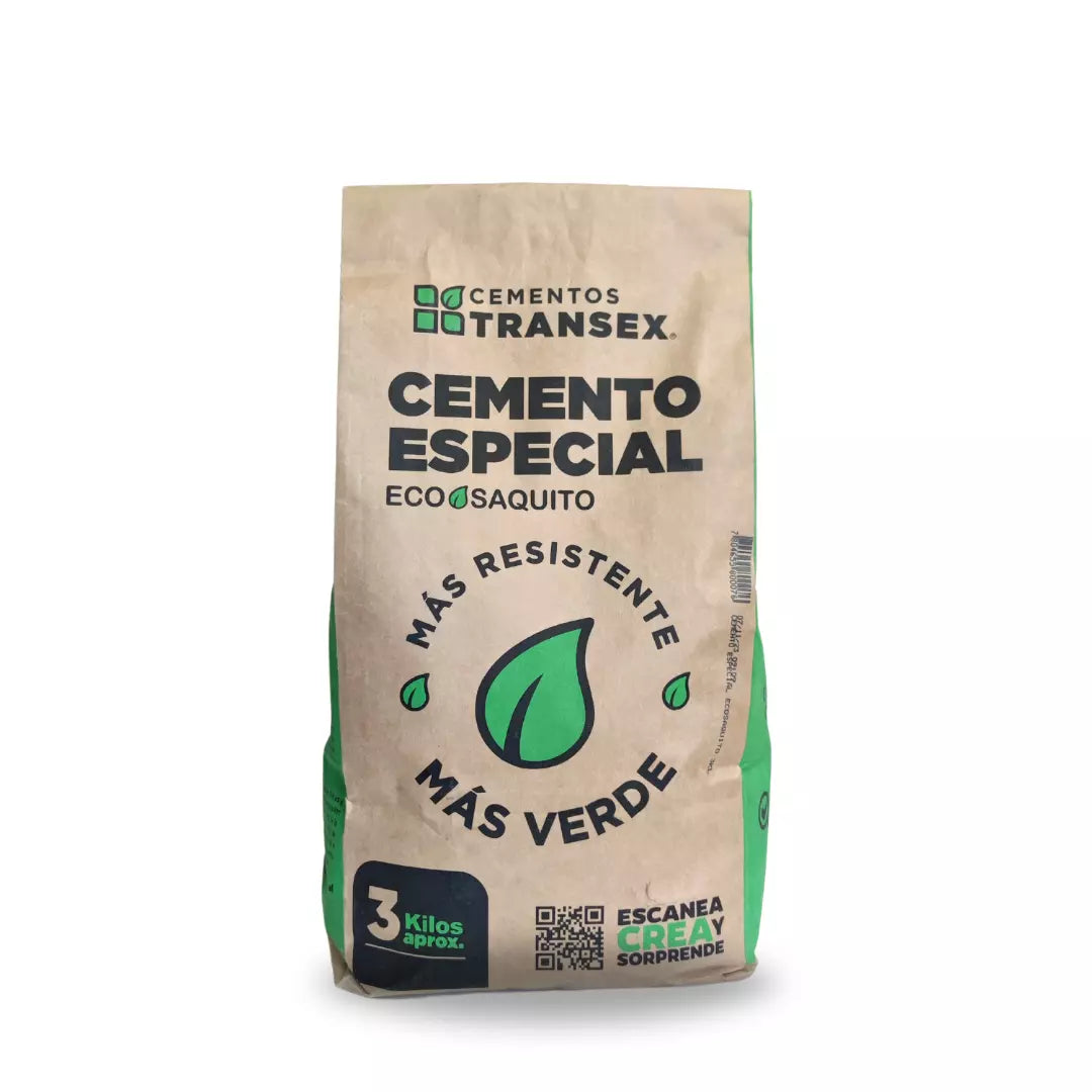 Eco Saquito (bolsa ecológica) de 3 kg de Cemento Especial Transex, producto de fraguado rápido para reparaciones y sellado de emergencia en construcción.