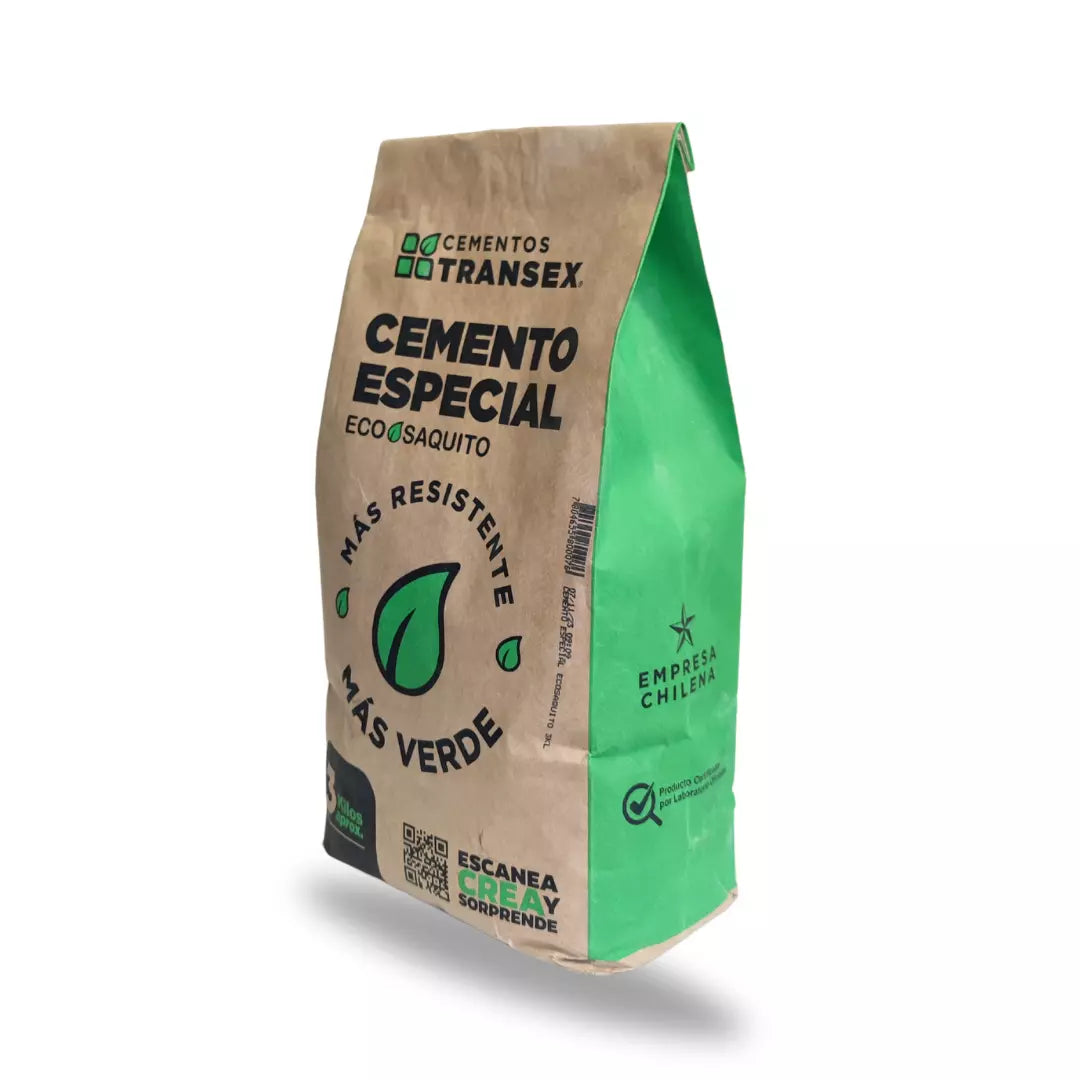 Eco Saquito (bolsa ecológica) de 3 kg de Cemento Especial Transex, producto de fraguado rápido para reparaciones y sellado de emergencia en construcción.