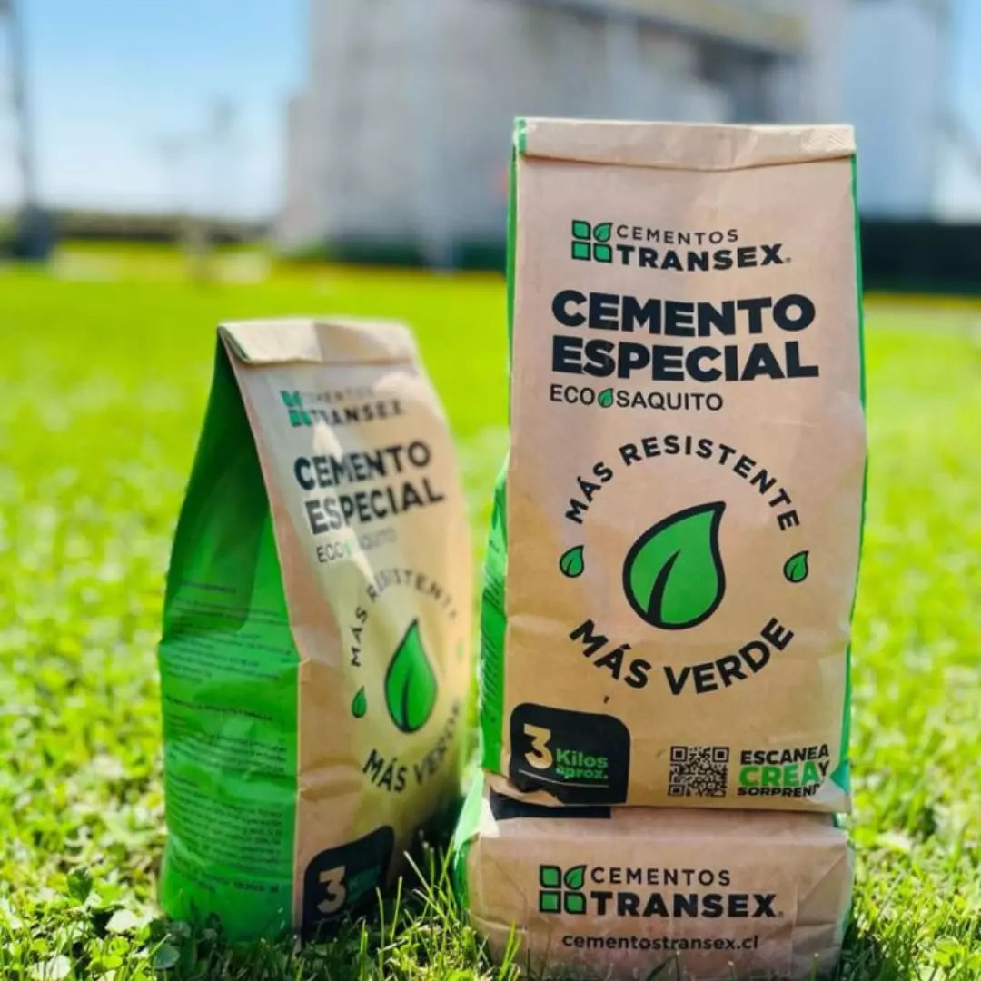 Eco Saquito (bolsa ecológica) de 3 kg de Cemento Especial Transex, producto de fraguado rápido para reparaciones y sellado de emergencia en construcción.