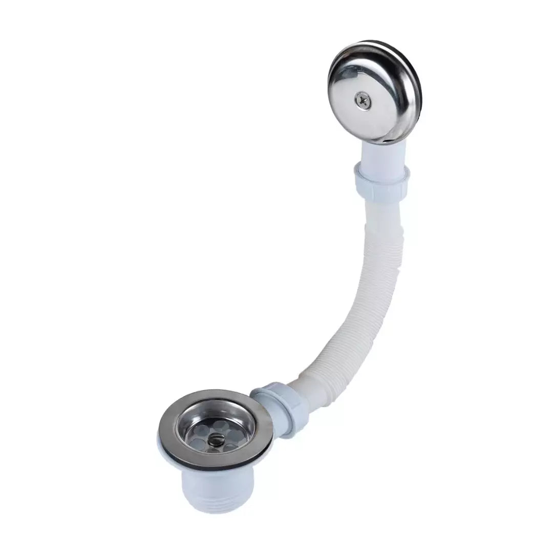 Kit de desagüe completo para bañera con tapón, tubo flexible de conexión y campana de rebalse (rebosadero) para evitar inundaciones.