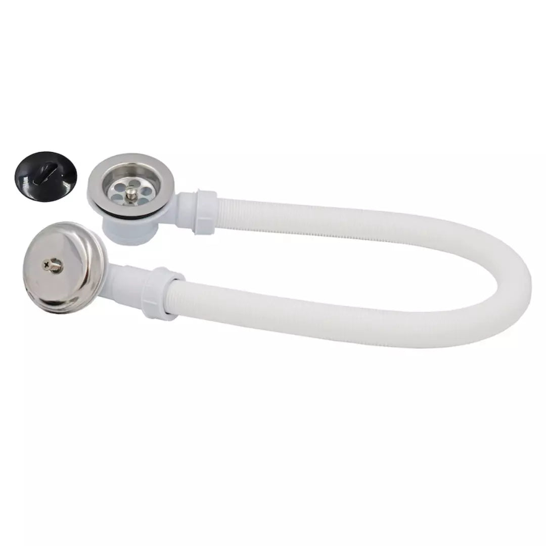 Kit de desagüe completo para bañera con tapón, tubo flexible de conexión y campana de rebalse (rebosadero) para evitar inundaciones.
