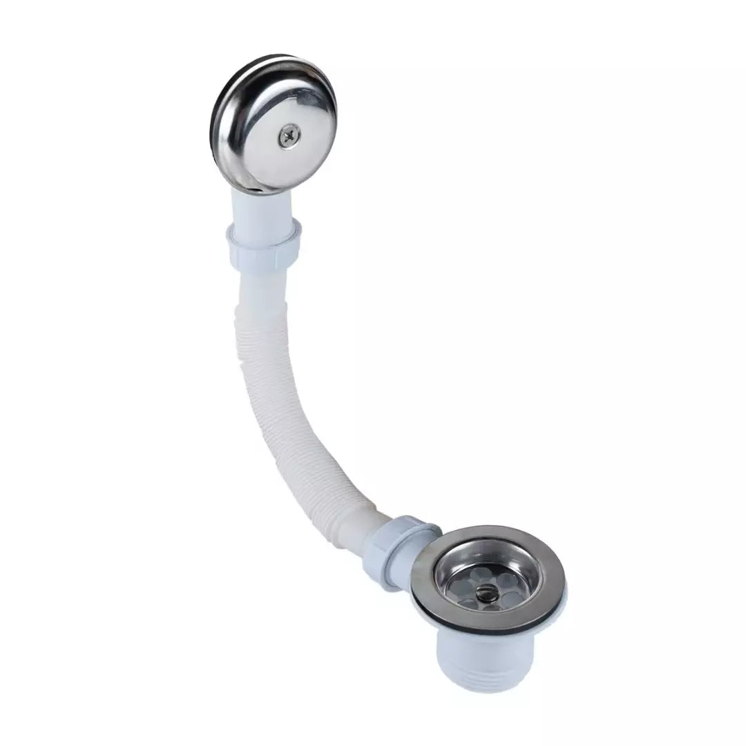 Kit de desagüe completo para bañera con tapón, tubo flexible de conexión y campana de rebalse (rebosadero) para evitar inundaciones.