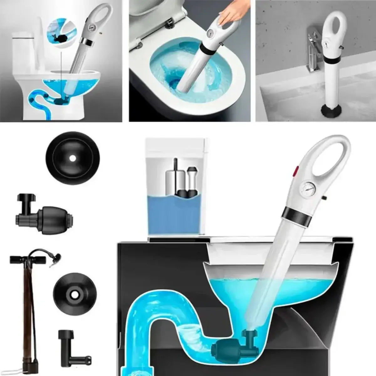 Destapador de tuberías a presión con manómetro y múltiples cabezales para baño y cocina
