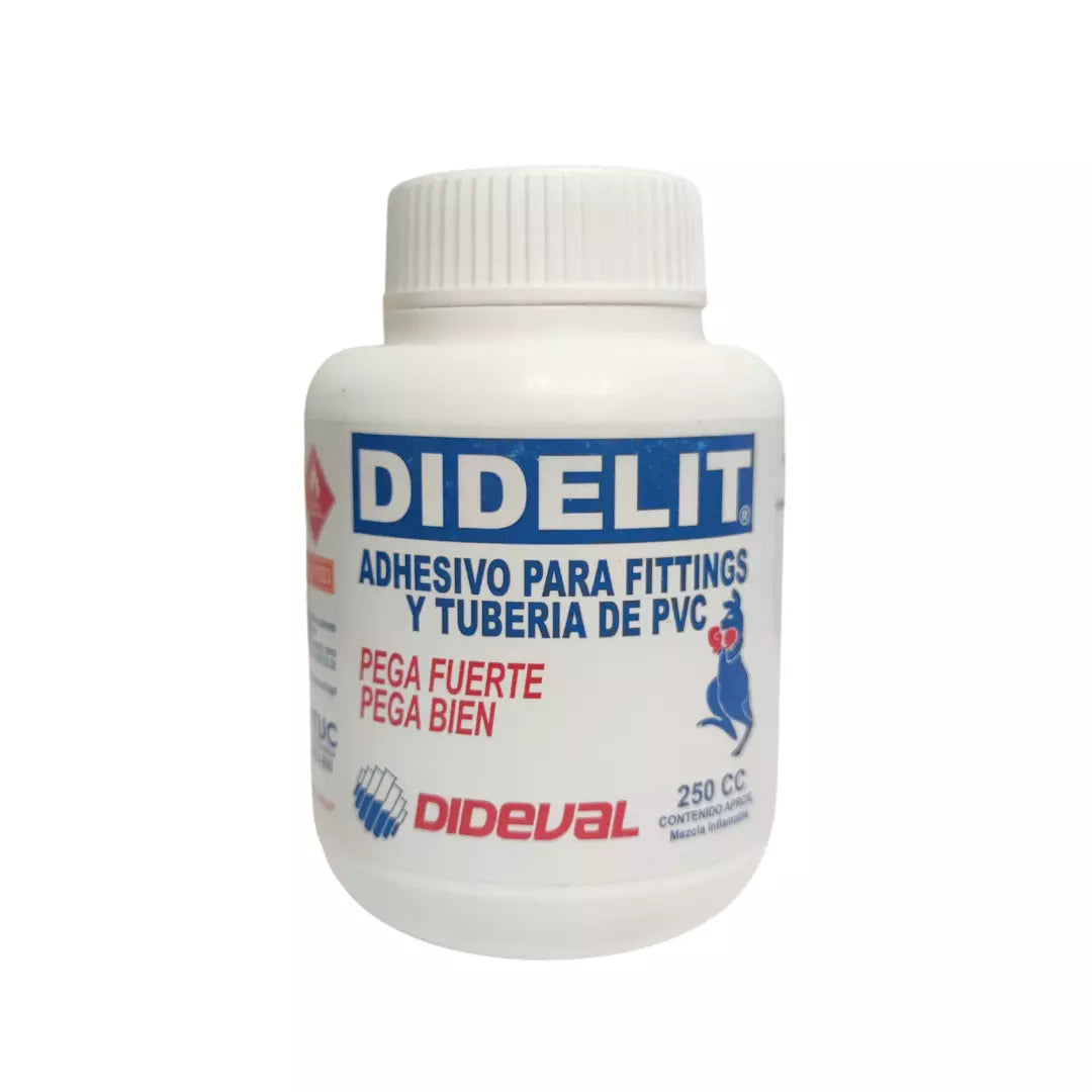 Lata de pegamento o adhesivo solvente Didelit para unir tuberías y accesorios de PVC rígido, 250cc