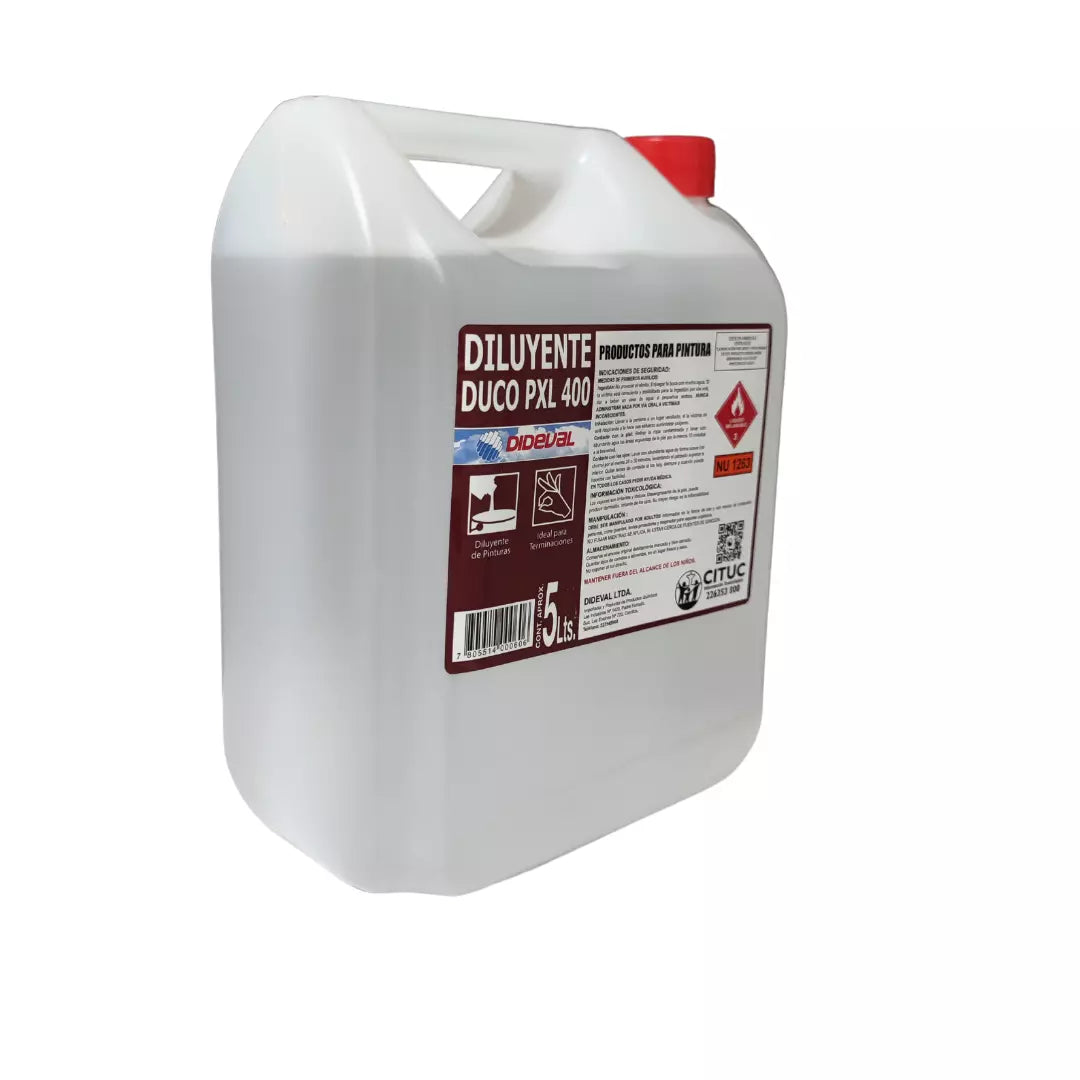 Bidón de 5 litros de Diluyente Duco Dideval, solvente de secado rápido para lacas y pinturas nitrocelulósicas, ideal para trabajos de terminación automotriz y madera.