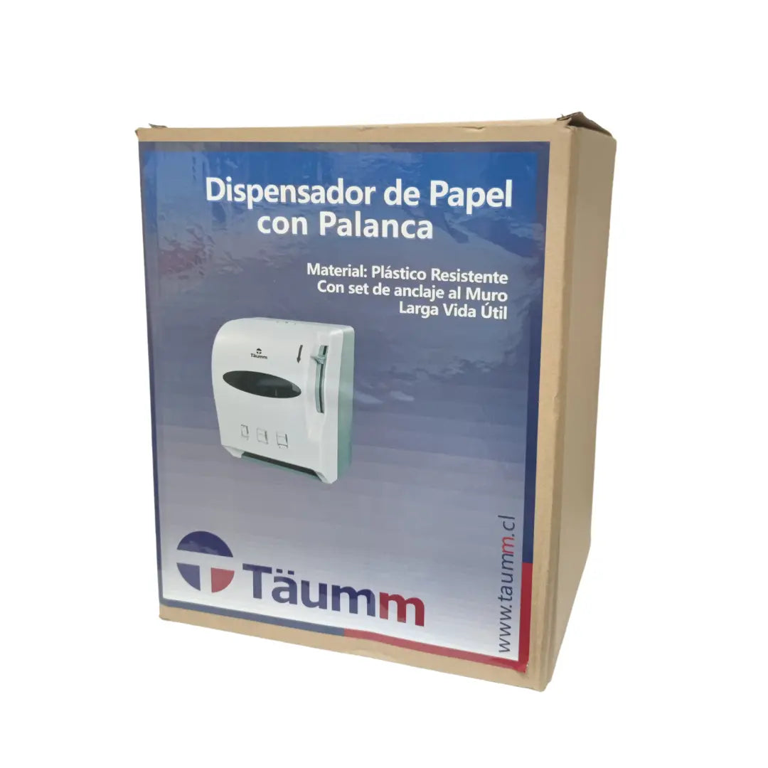 Dispensador mural de toallas de papel con mecanismo de palanca para corte y entrega higiénica, apto para rollos de gran capacidad en baños y cocinas comerciales.