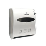 Dispensador mural de toallas de papel con mecanismo de palanca para corte y entrega higiénica, apto para rollos de gran capacidad en baños y cocinas comerciales.